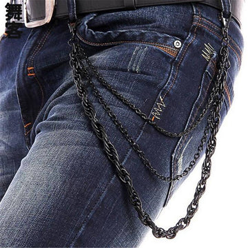 Men's Three Strands Biker Link Key Jean Wallet Black Chain 3 Layer Waist Punk Hook Trousers Pant Belt Hiphop Jewelry